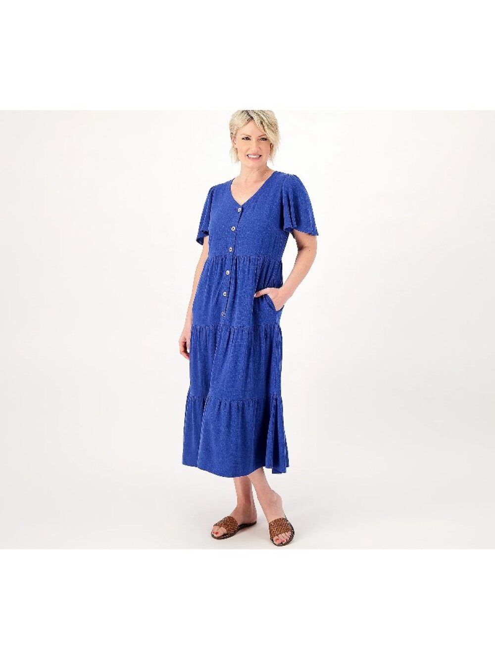 Susan Graver Pure Midi Dress XXS Linen Blend Tiered Button Front River Blue NEW